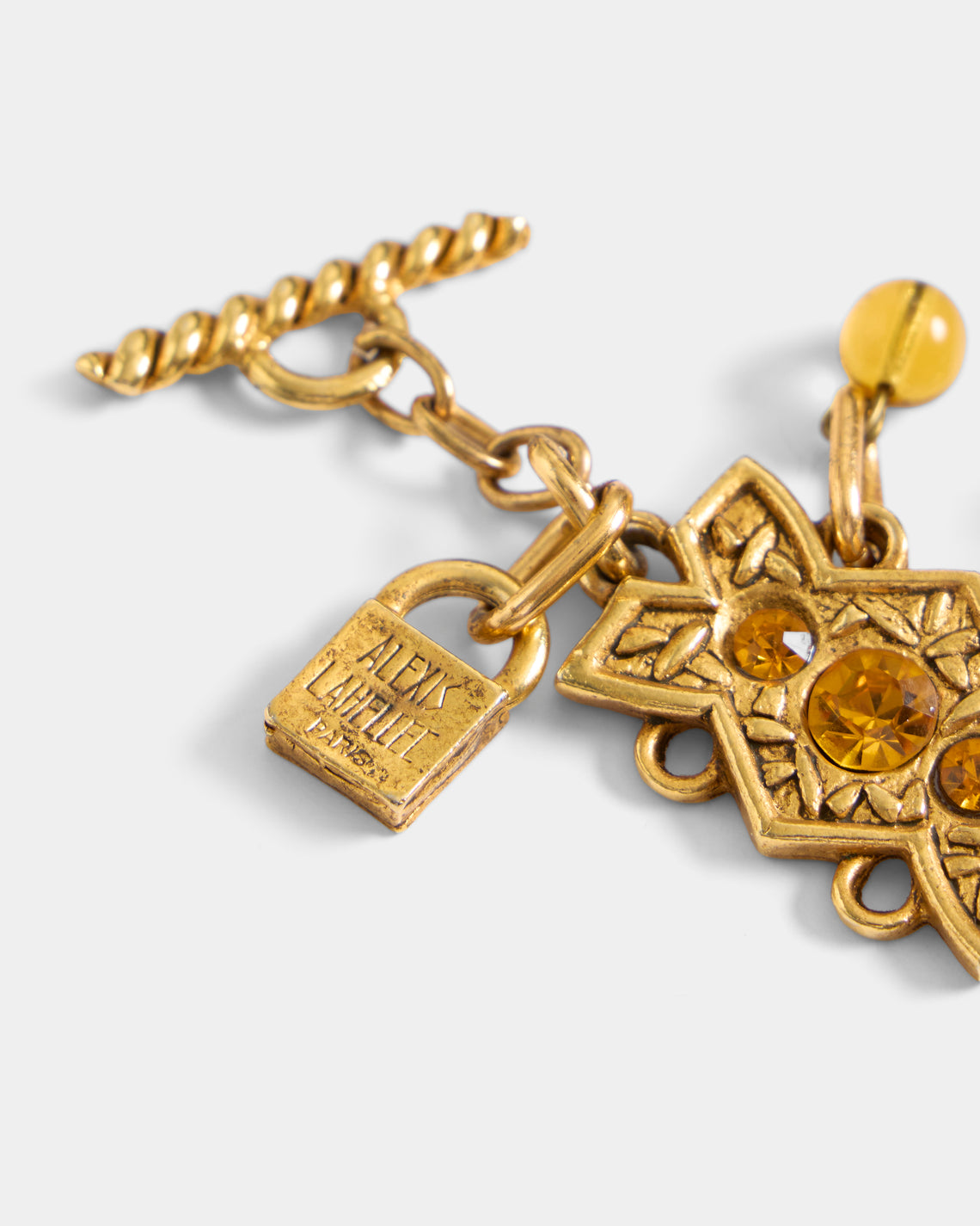 Mahnaz Collection - Women's Vintage 1980 Alexis Lahellec Gilt Metal, Resin and Amber Necklace - Gold - ABASK