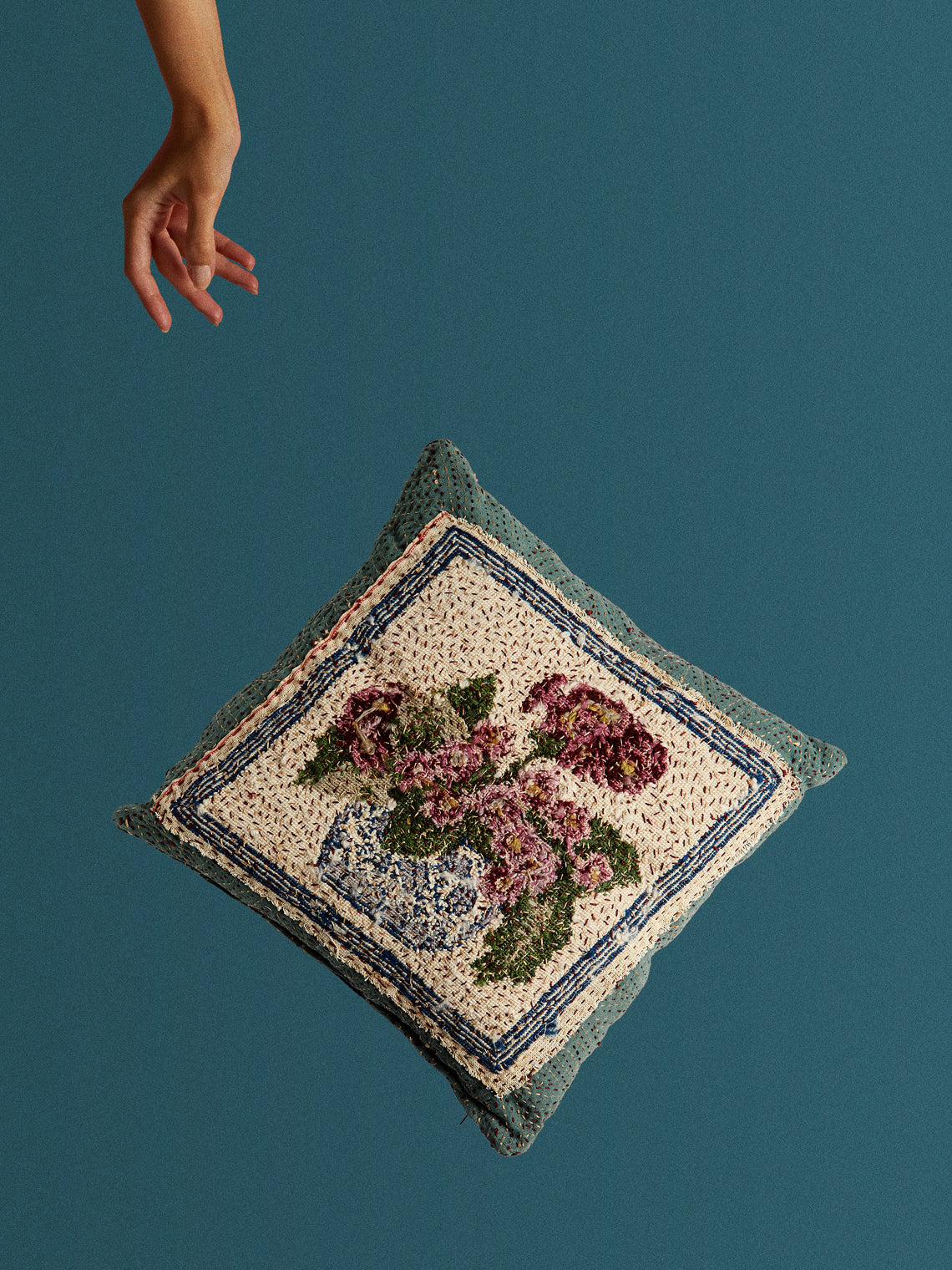 By Walid - 19th-Century English Needlepoint Wool and Linen Cushion (17.5in/45cm) - Blue - ABASK