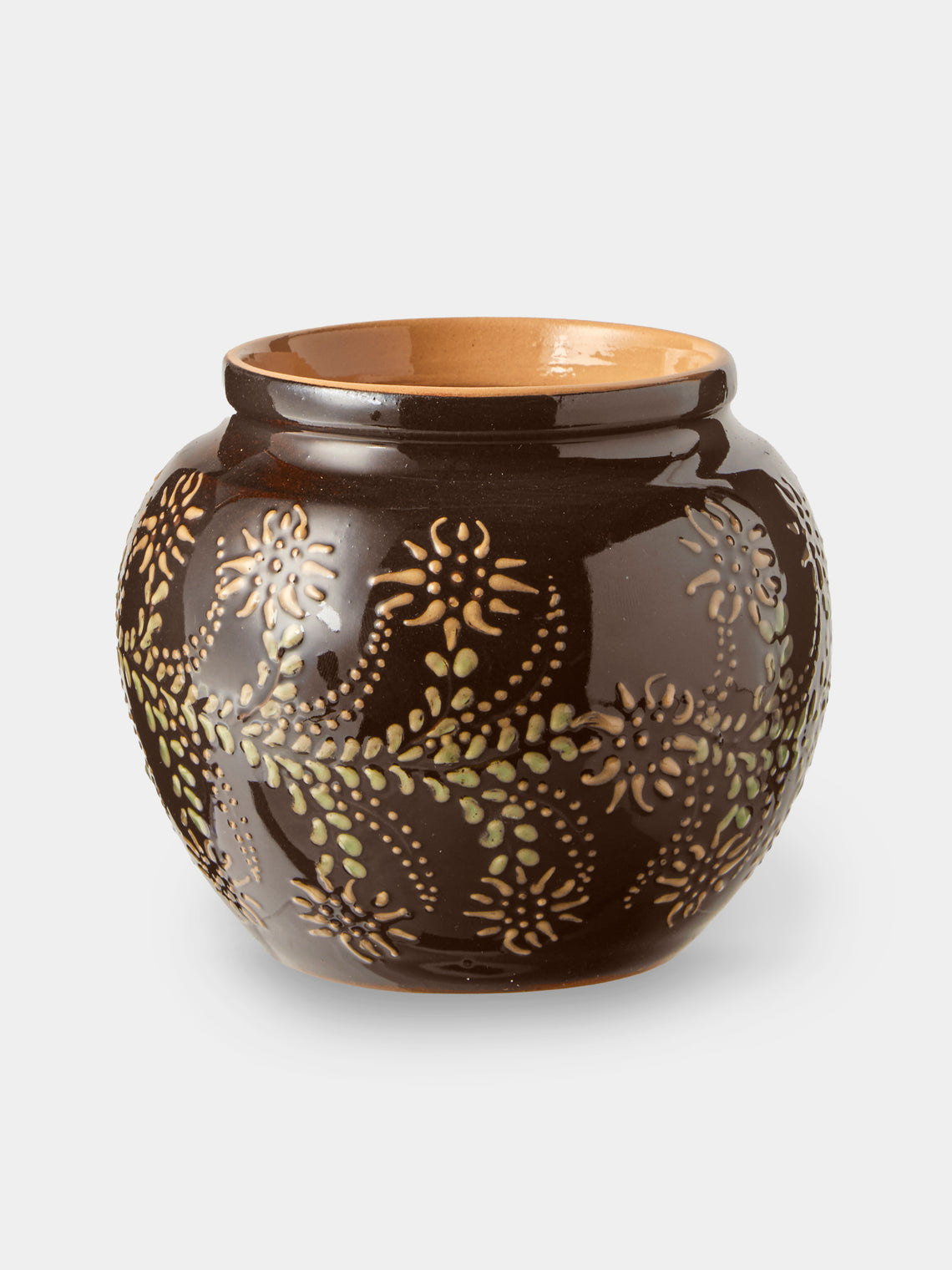Poterie d’Évires - Flowers Hand-Painted Ceramic Vase (6.5in/17cm) - Dark Brown - ABASK - 
