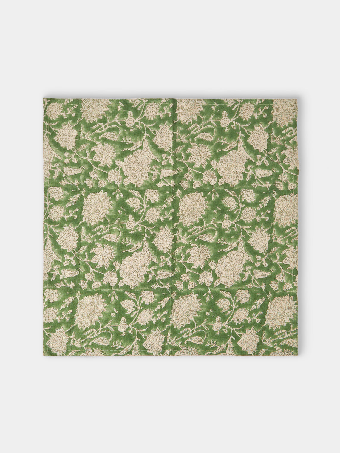 Chamois - Indian Rose Block-Printed Linen Rectangular Tablecloth - Green - ABASK