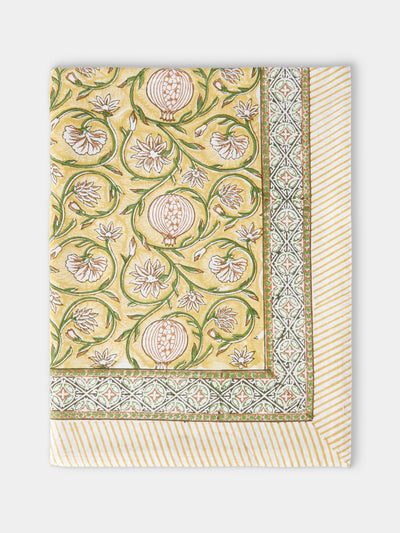 Chamois - Tangier Pomegranate Block-Printed Cotton Rectangular Tablecloth (106.5in/2.7m) - Yellow - ABASK - 