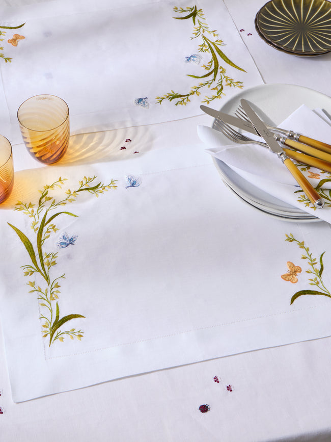 ERI Textiles - | Set of 4 | Green Meadow Hand-Embroidered Linen Placemats - Multiple - ABASK