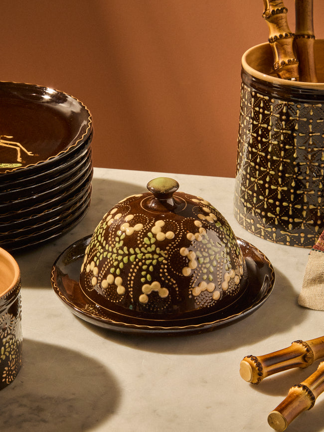 Poterie d’Évires - Flowers Hand-Painted Ceramic Butter Dish - Dark Brown - ABASK