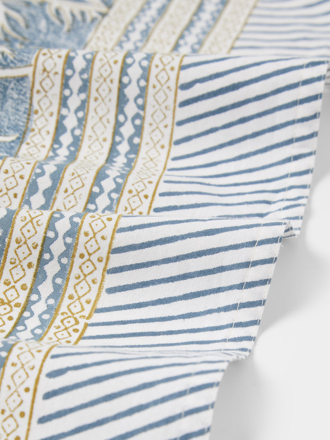 Chamois - Waterlily Block-Printed Cotton Rectangular Tablecloth (106.5in/2.7m) - Blue - ABASK