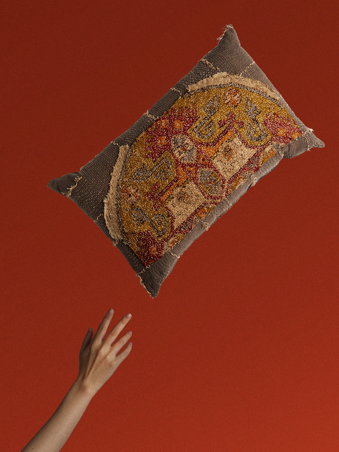 By Walid - 19th-Century Needlepoint Wool and Linen Cushion (31.5in/80cm) - Brown - ABASK