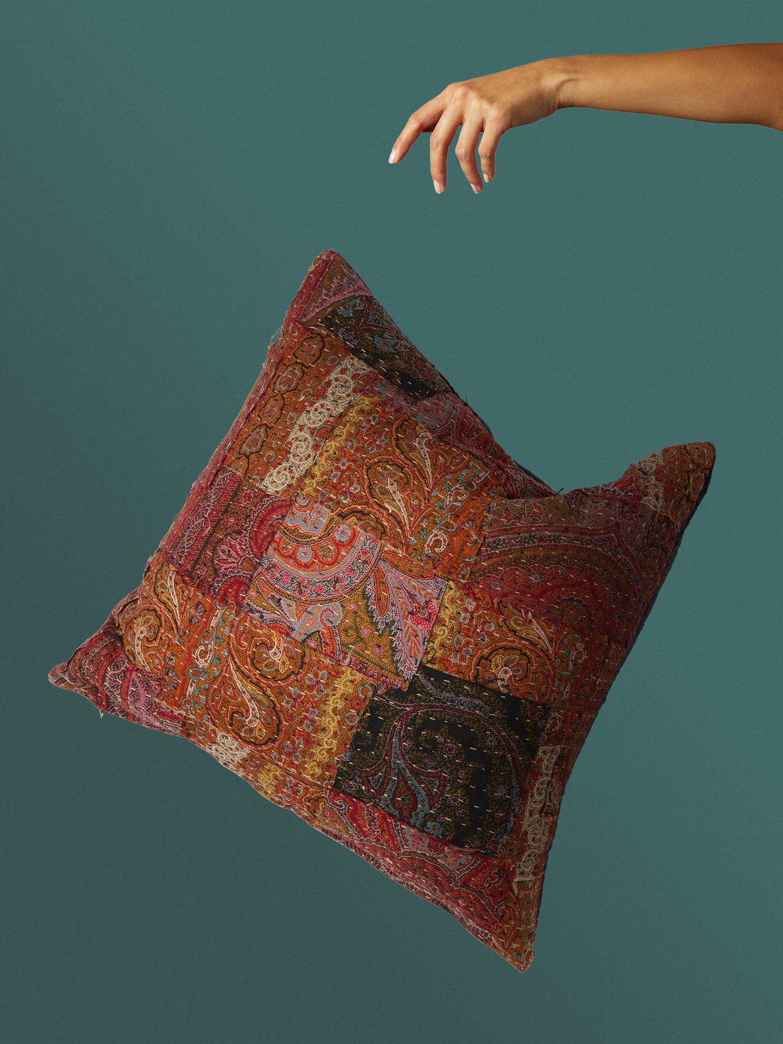 By Walid - 19th-Century Paisley Patchwork Wool and Linen Cushion (18.5in/47cm) - Multiple - ABASK