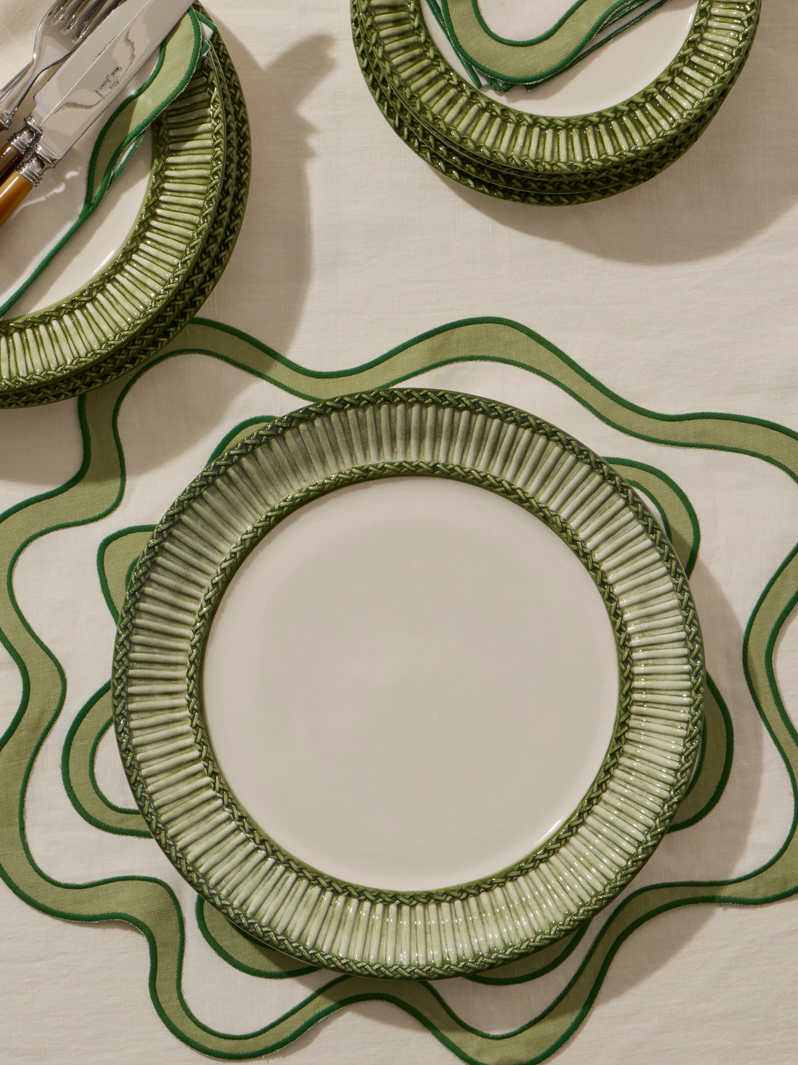Tessalume Ceramiche - | Set of 4 | Wicker Hand-Painted Ceramic Charger Plates - Light Green - ABASK
