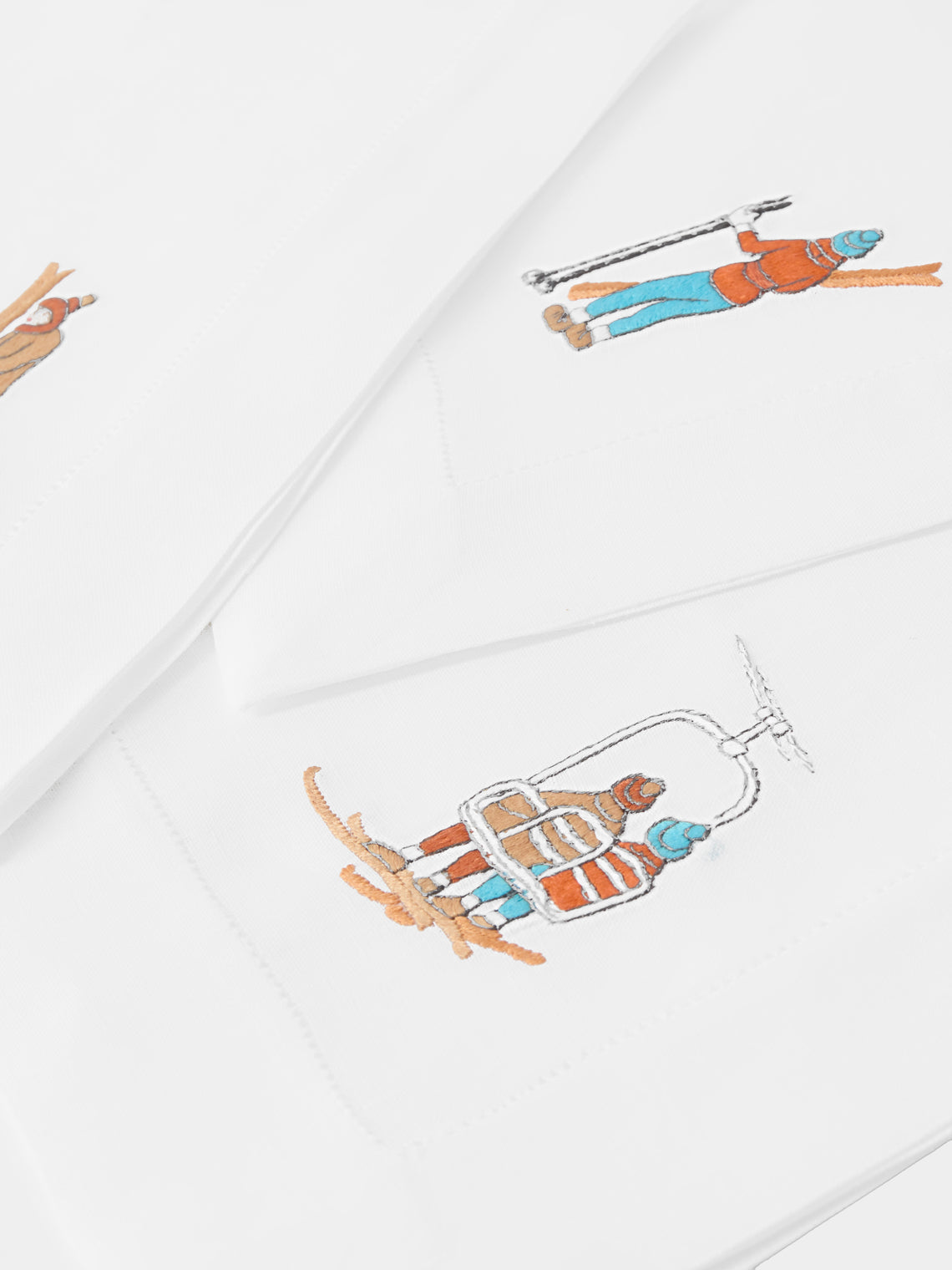 ERI Textiles - | Set of 4 | Up We Go Skiing Hand-Embroidered Linen Napkins - White - ABASK