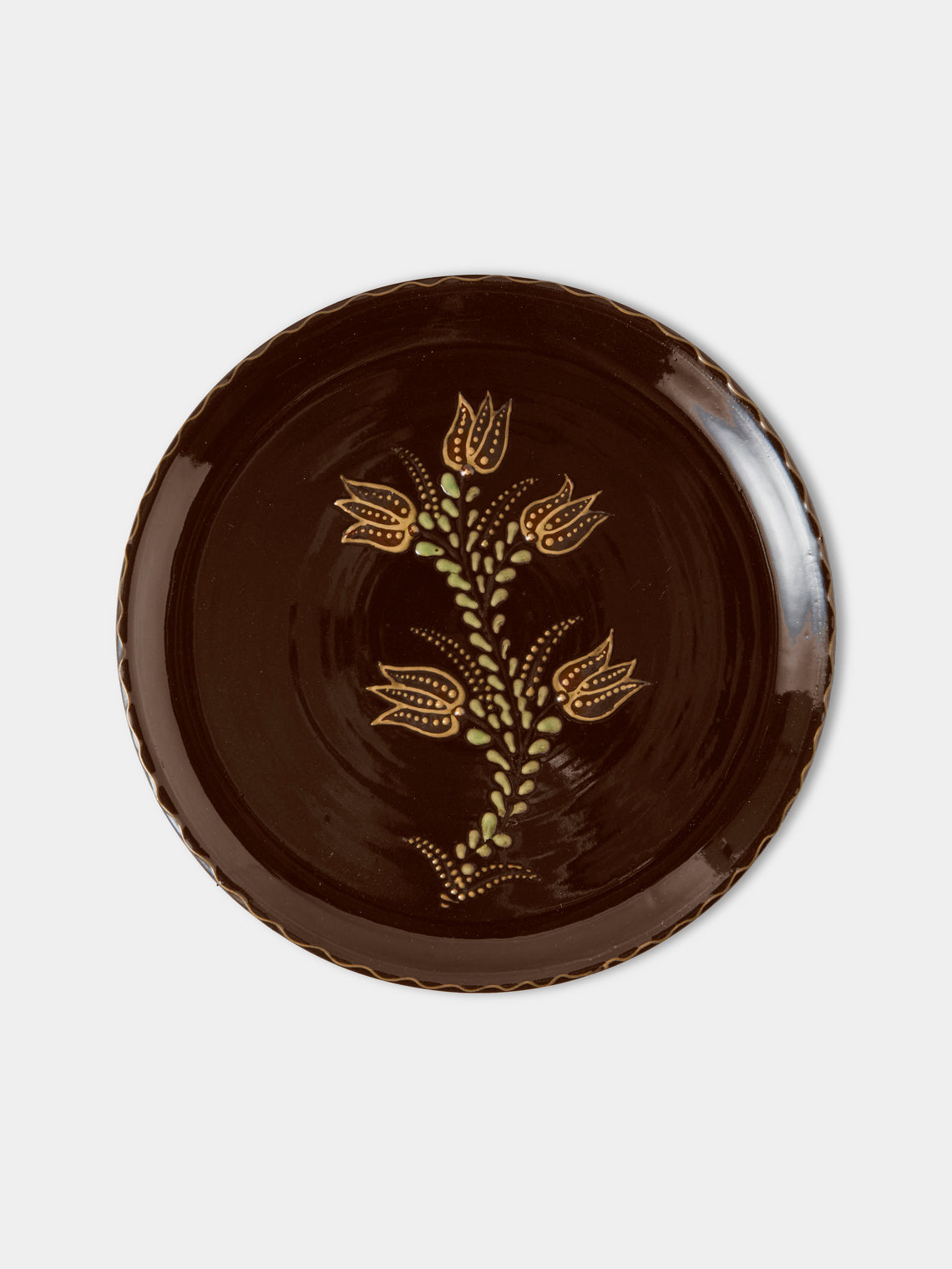 Poterie d’Évires - Flowers Hand-Painted Ceramic Dinner Plates – 9.5in/24cm (Set of 4) - Dark Brown - ABASK