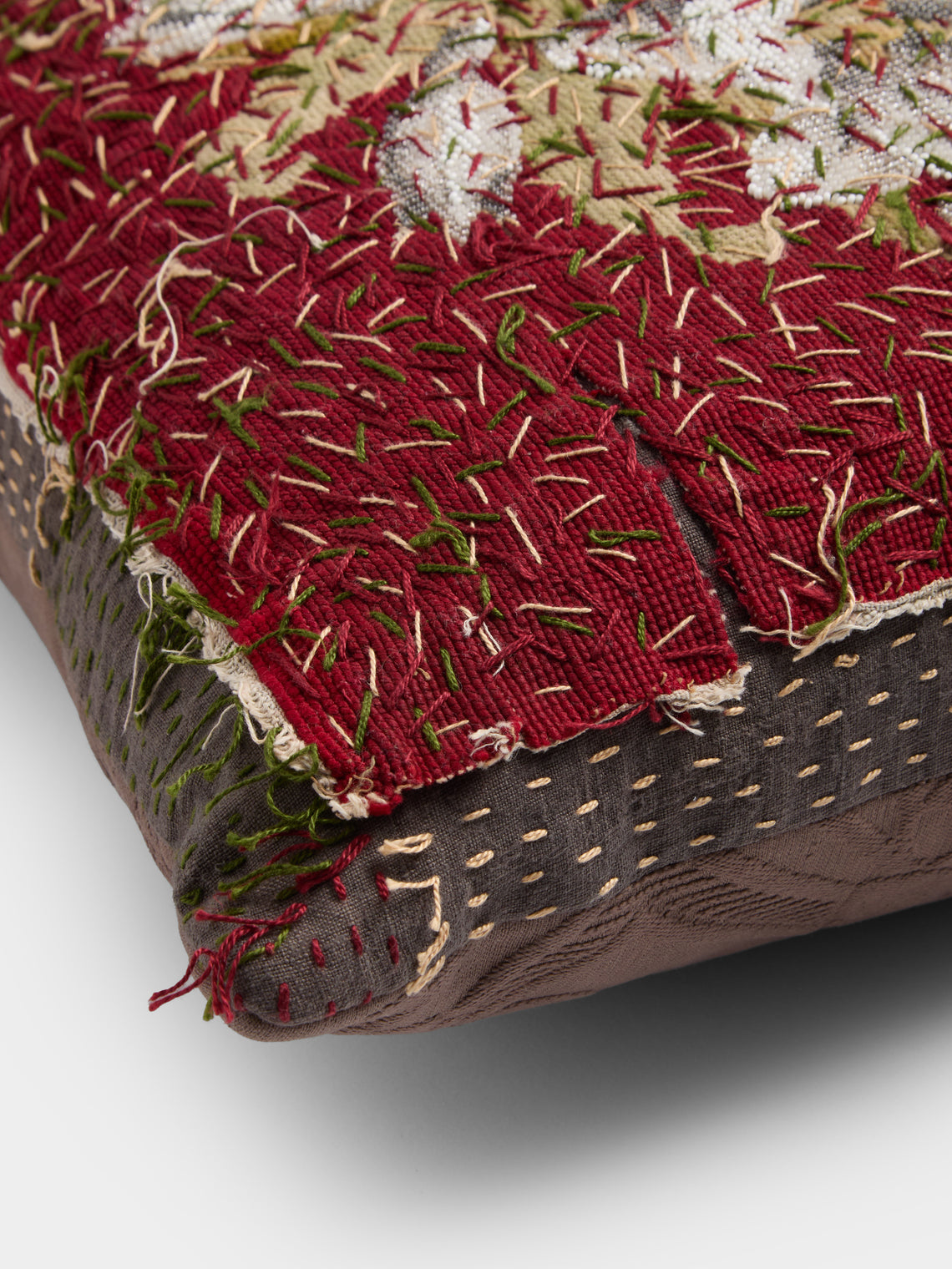 By Walid - 19th-Century Beaded Needlepoint Wool and Linen Cushion (17.5in/45cm) - Multiple - ABASK