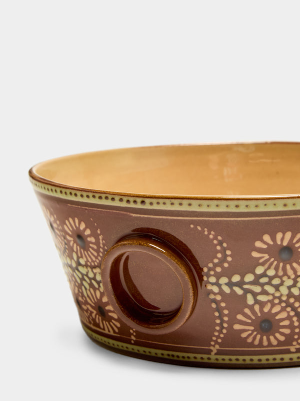 Poterie d’Évires - Flowers Hand-Painted Ceramic Small Handled Serving Bowl - Light brown - ABASK