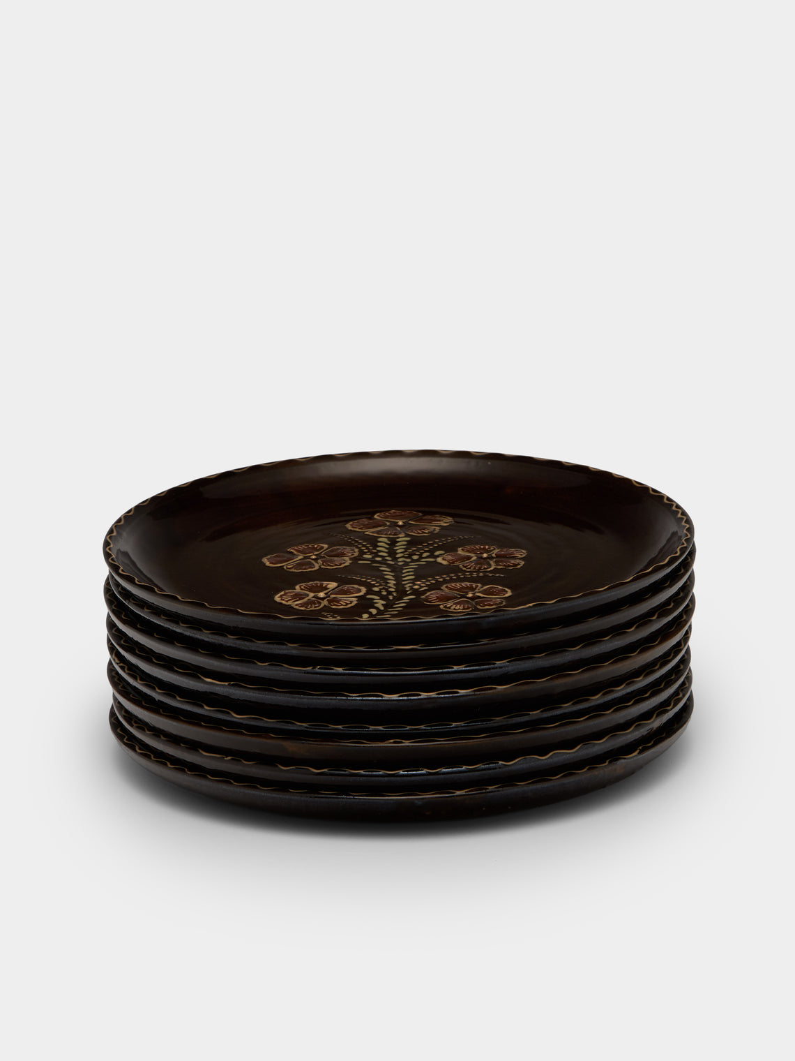 Poterie d’Évires - Flowers Hand-Painted Ceramic Plates – 9.5in/24cm (Set of 8) - Dark brown - ABASK