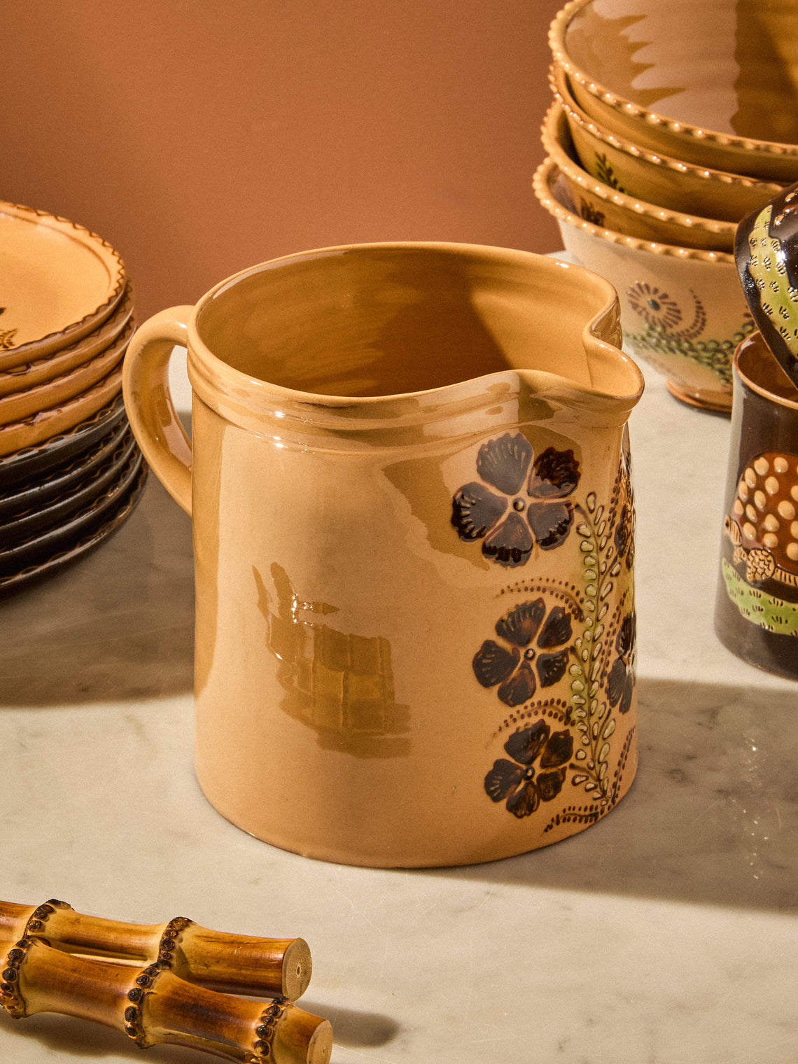 Poterie d’Évires - Flowers Hand-Painted Ceramic Straight-Edge Medium Jug - Cream - ABASK