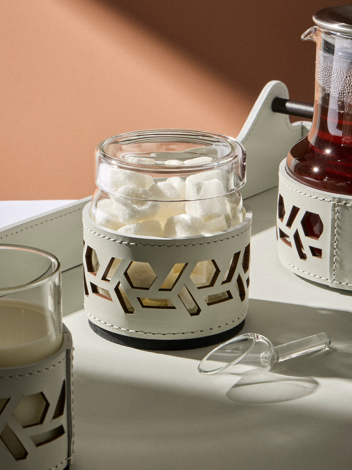 RUDI - Fiordaliso Glass and Leather Sugar Bowl with Spoon - White - ABASK