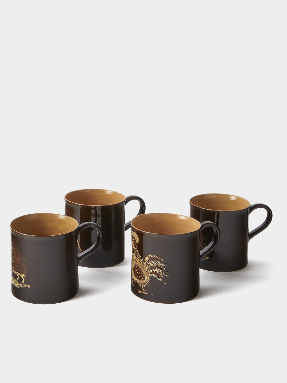Poterie d’Évires - Animals Hand-Painted Ceramic Mugs (Set of 4) - Dark Brown - ABASK