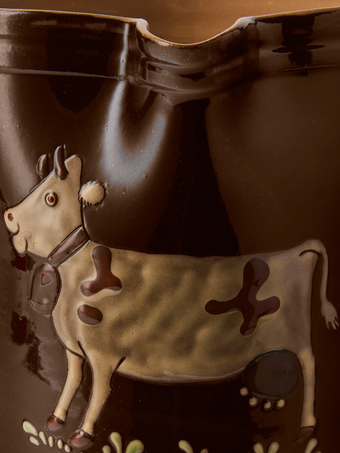 Poterie d’Évires - Cows Hand-Painted Ceramic Straight-Edge Medium Jug - Dark Brown - ABASK