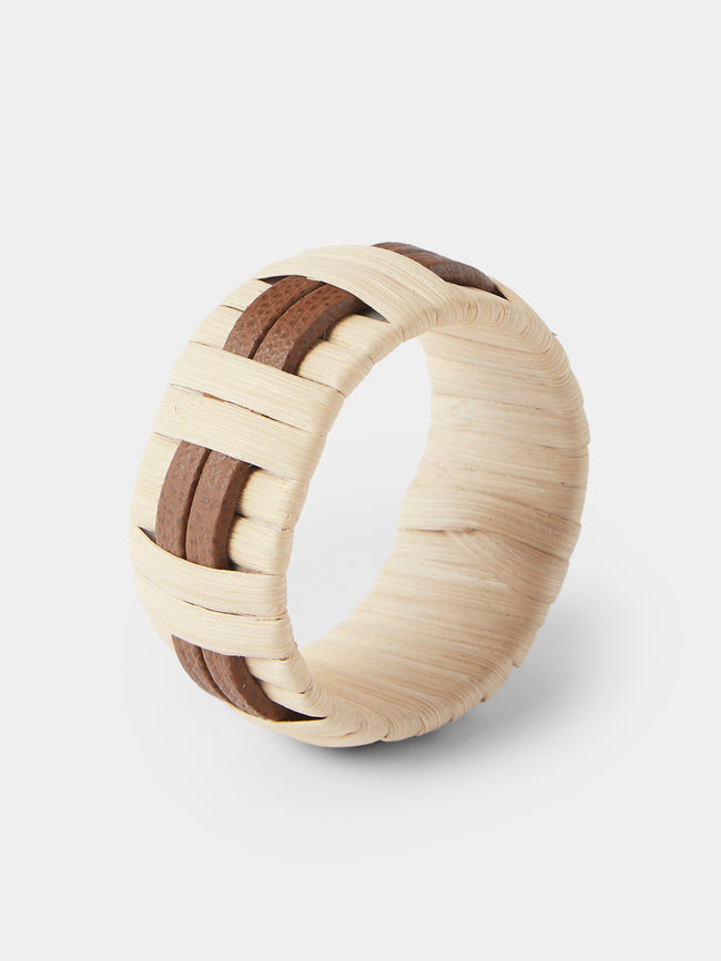 Pigment France - Anglet Leather and Rattan Napkin Rings (Set of 4) - Brown - ABASK - 