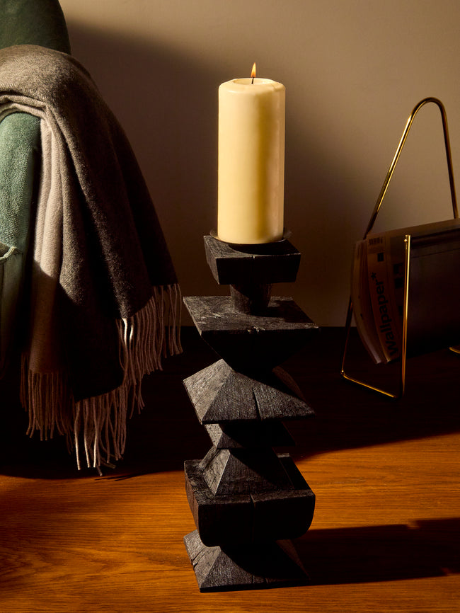 Jamie Gaunt Designs - Totem Hand-Carved Wood Candle Holder - Black - ABASK