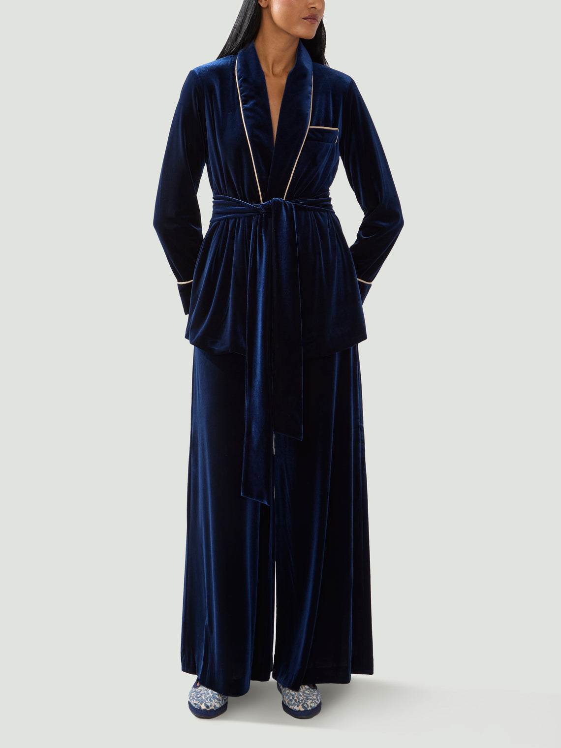 Loretta Caponi - Egnazia Velvet Pajama Top - Navy - ABASK