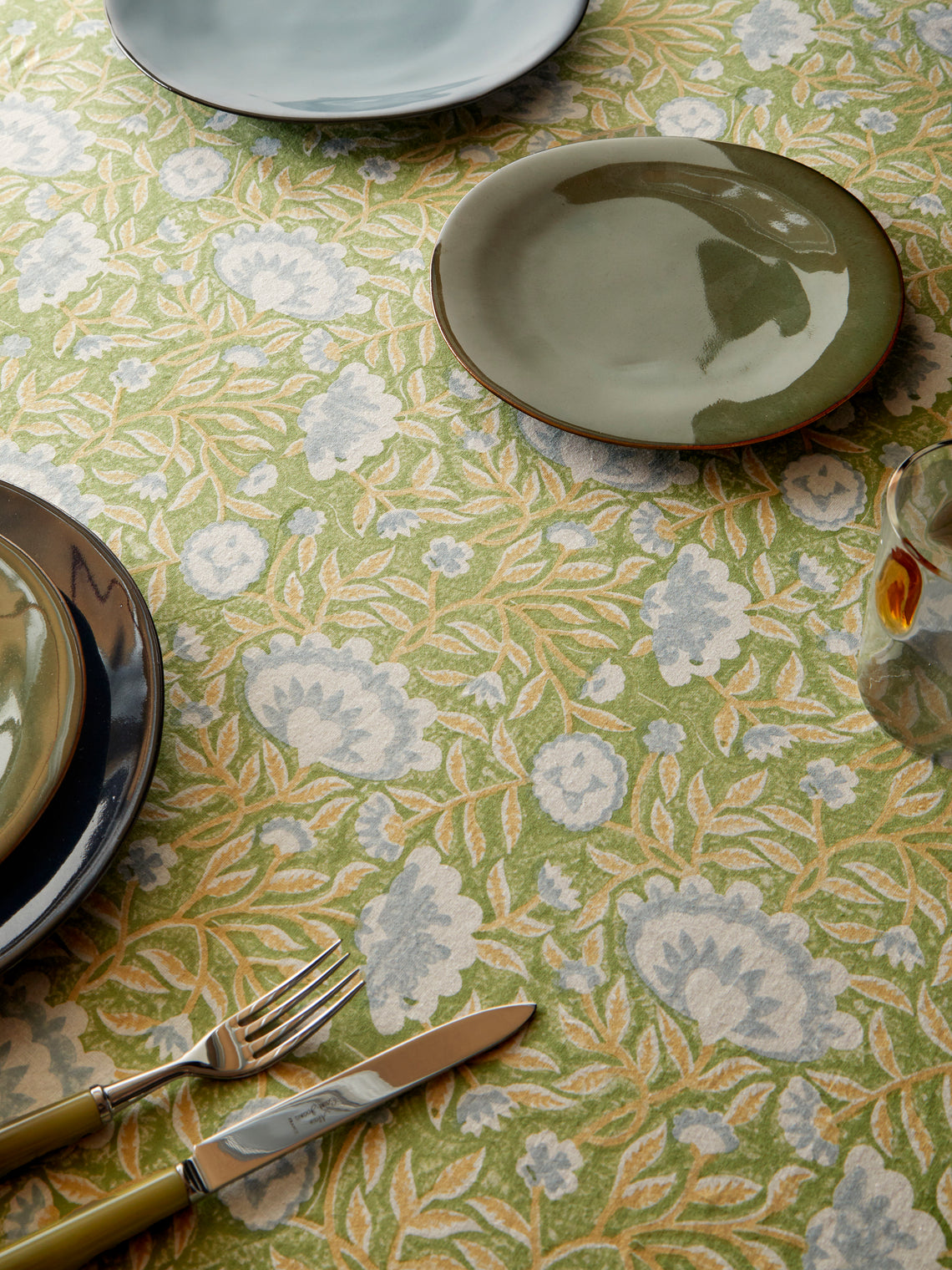 Chamois - The Garden of Mathilde Block-Printed Cotton Rectangular Tablecloth (138in/3.5m) - Green - ABASK
