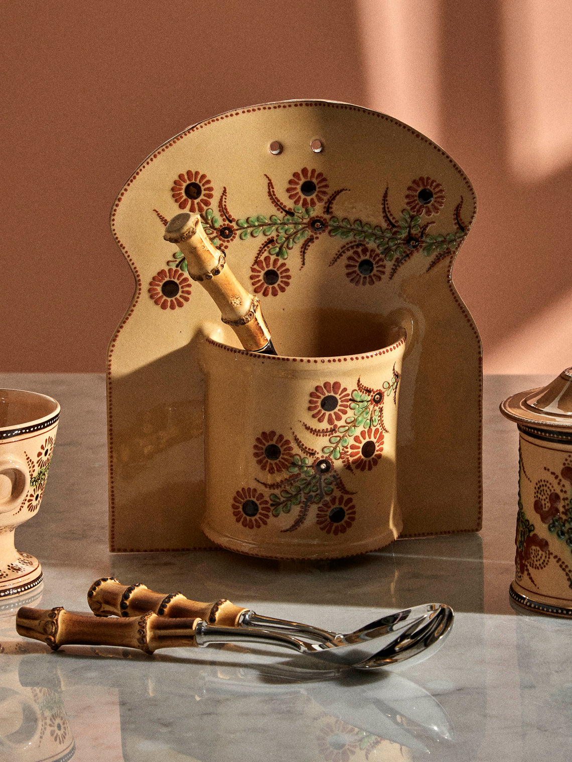 Poterie d’Évires - Flowers Hand-Painted Ceramic Single Utensil Holder - Cream - ABASK