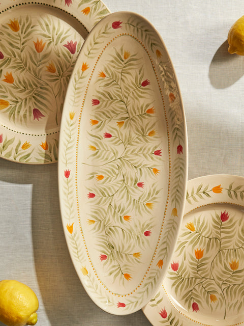 Rosanna Corfe - Tulips Hand-Painted Ceramic Large Oval Platter - Cream - ABASK