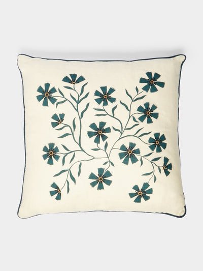 Rosemary Milner - Floral Hand-Embroidered Linen Cushion (19.5in/50cm) - White - ABASK - 