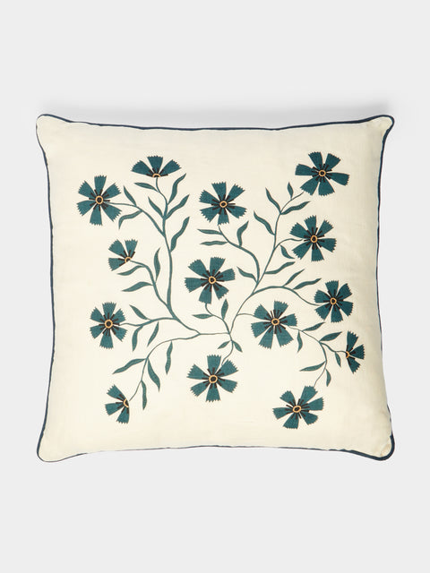 Rosemary Milner - Floral Hand-Embroidered Linen Cushion (19.5in/50cm) - White - ABASK - 