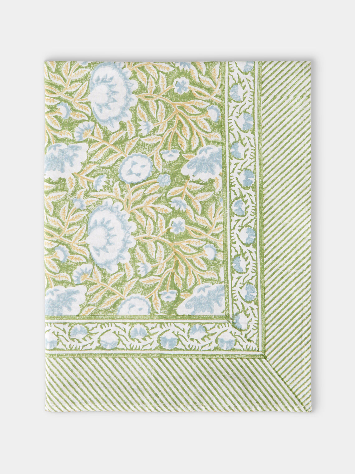 Chamois - The Garden of Mathilde Block-Printed Cotton Rectangular Tablecloth (138in/3.5m) - Green - ABASK - 
