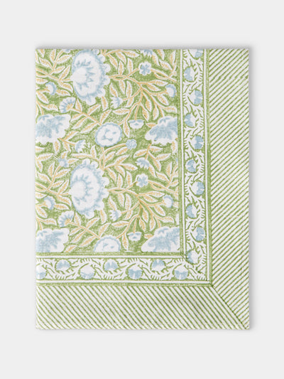 Chamois - The Garden of Mathilde Block-Printed Cotton Rectangular Tablecloth (138in/3.5m) - Green - ABASK - 