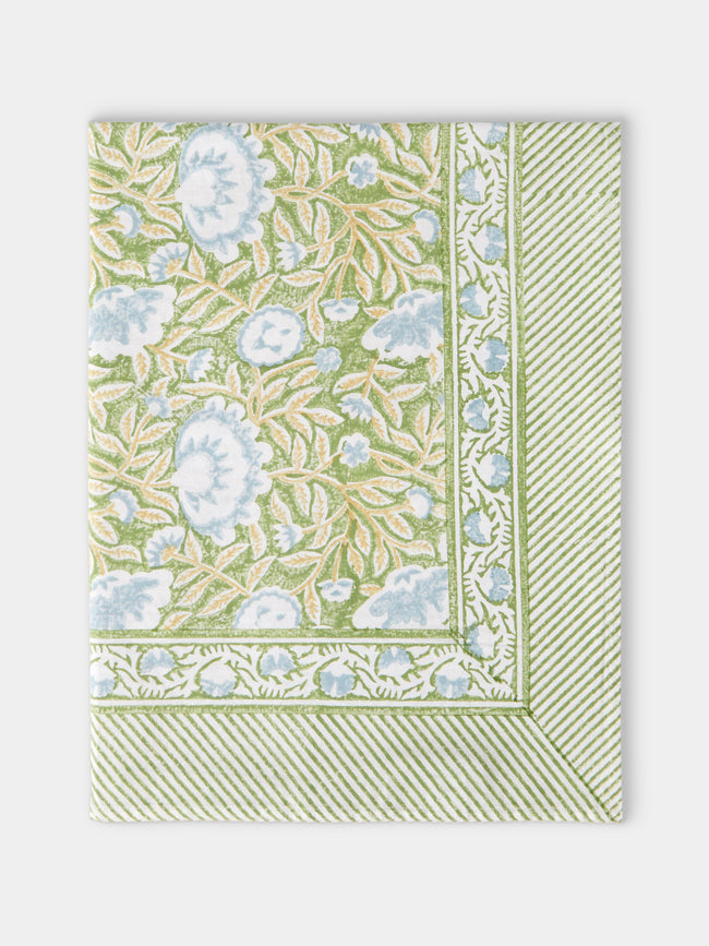 Chamois - The Garden of Mathilde Block-Printed Cotton Rectangular Tablecloth (138in/3.5m) - Green - ABASK - 