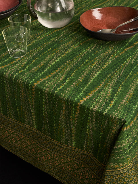 D'Ascoli - Niniane Printed Linen Rectangular Tablecloth (110in/2.8m) - Green - ABASK