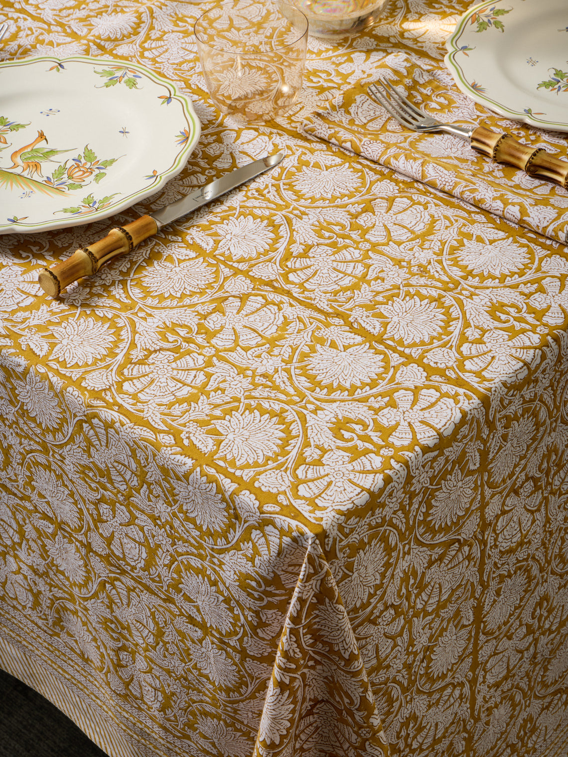 Chamois - Paradise Block-Printed Cotton Rectangular Tablecloth (138in/3.5m) - Yellow - ABASK