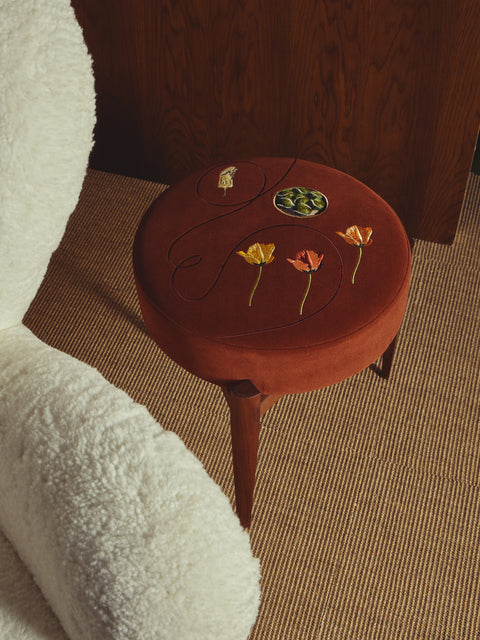Uncommon Ancestor - Garden Party Embroidered Velvet Round Footstool - Red - ABASK