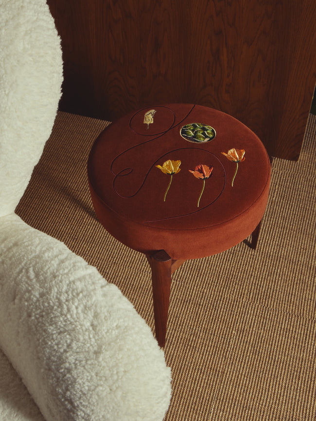 Uncommon Ancestor - Garden Party Embroidered Velvet Round Footstool - Red - ABASK