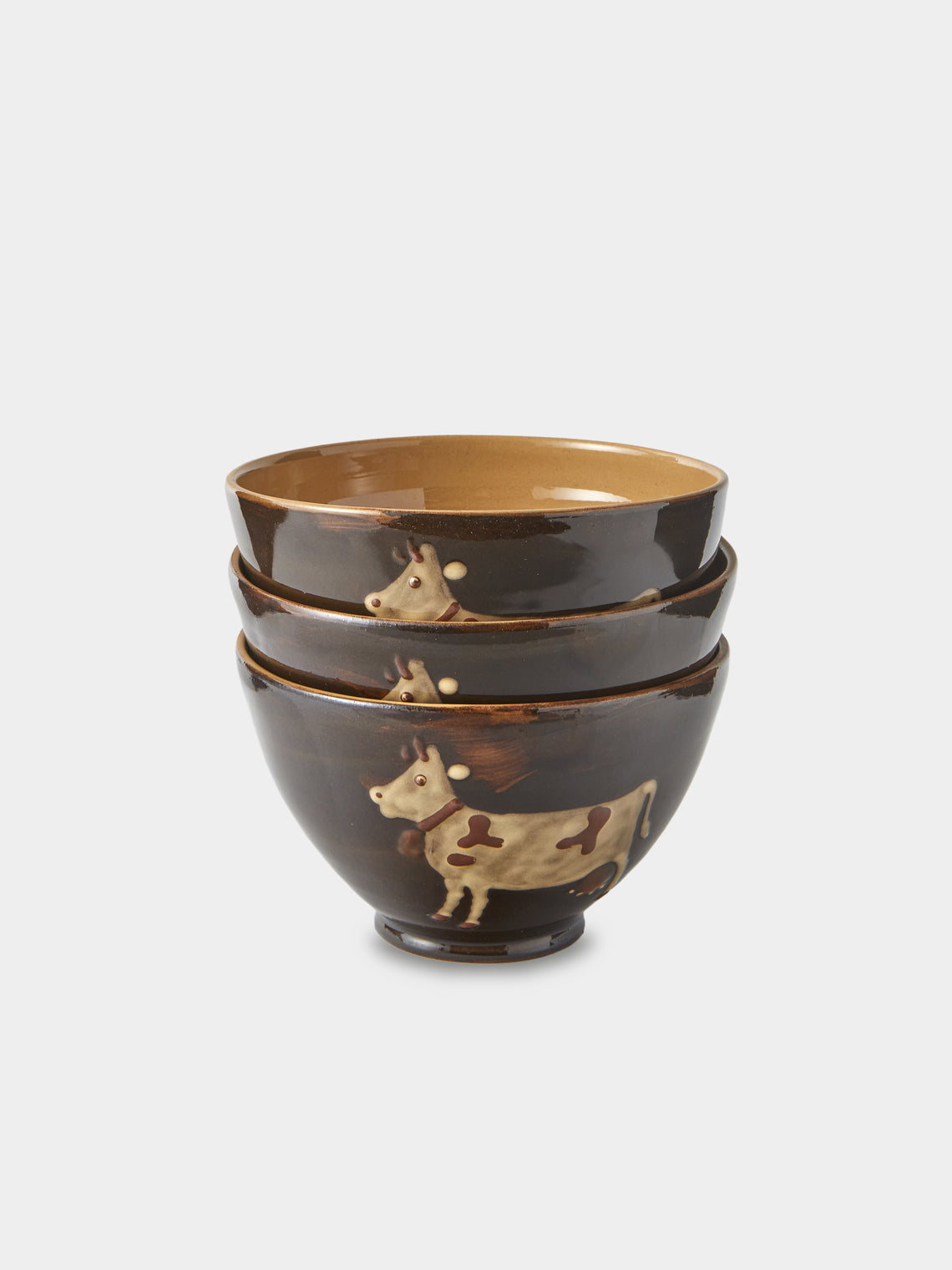Poterie d’Évires - Cows Hand-Painted Ceramic Grand Bowls (Set of 3) - Dark Brown - ABASK - 