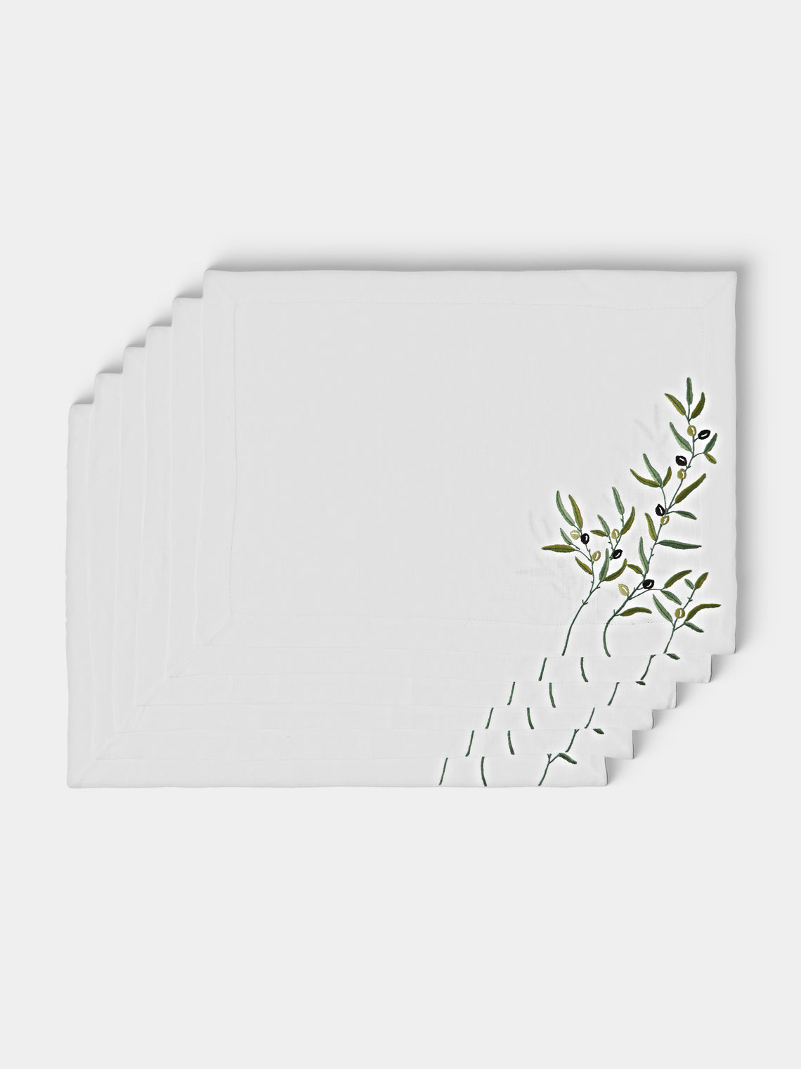 Taf Firenze - | Set of 6 | Olive Branch Hand-Embroidered Linen Placemats and Napkins - White - ABASK