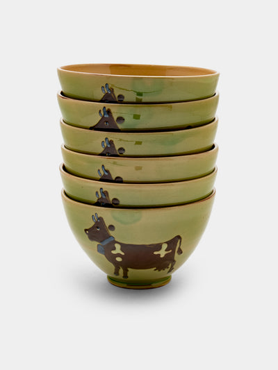 Poterie d’Évires - Cows Hand-Painted Ceramic Bowls (Set of 6) - Green - ABASK - 