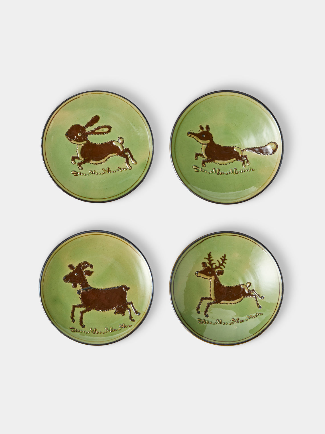 Poterie d’Évires - Animals Hand-Painted Ceramic Plates – 5.5in/14cm (Set of 4) - Green - ABASK - 