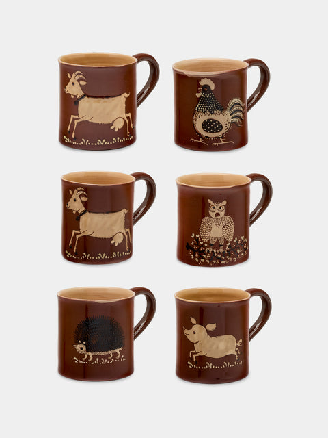 Poterie d’Évires - Animals Hand-Painted Ceramic Mugs (Set of 6) - Light brown - ABASK - 