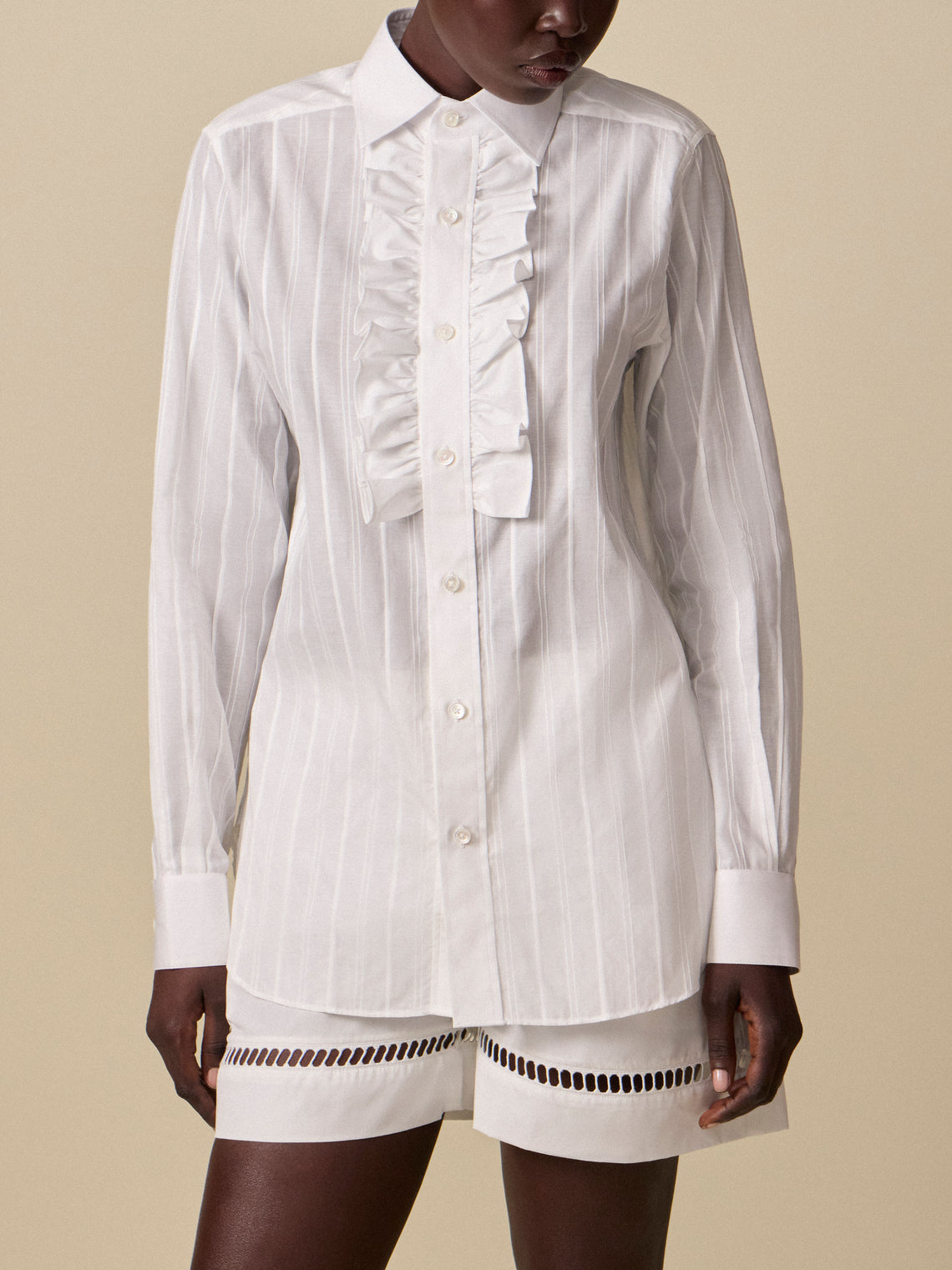 Sebline - Women's Ruffle Cotton Shirt | Size: S - White - ABASK