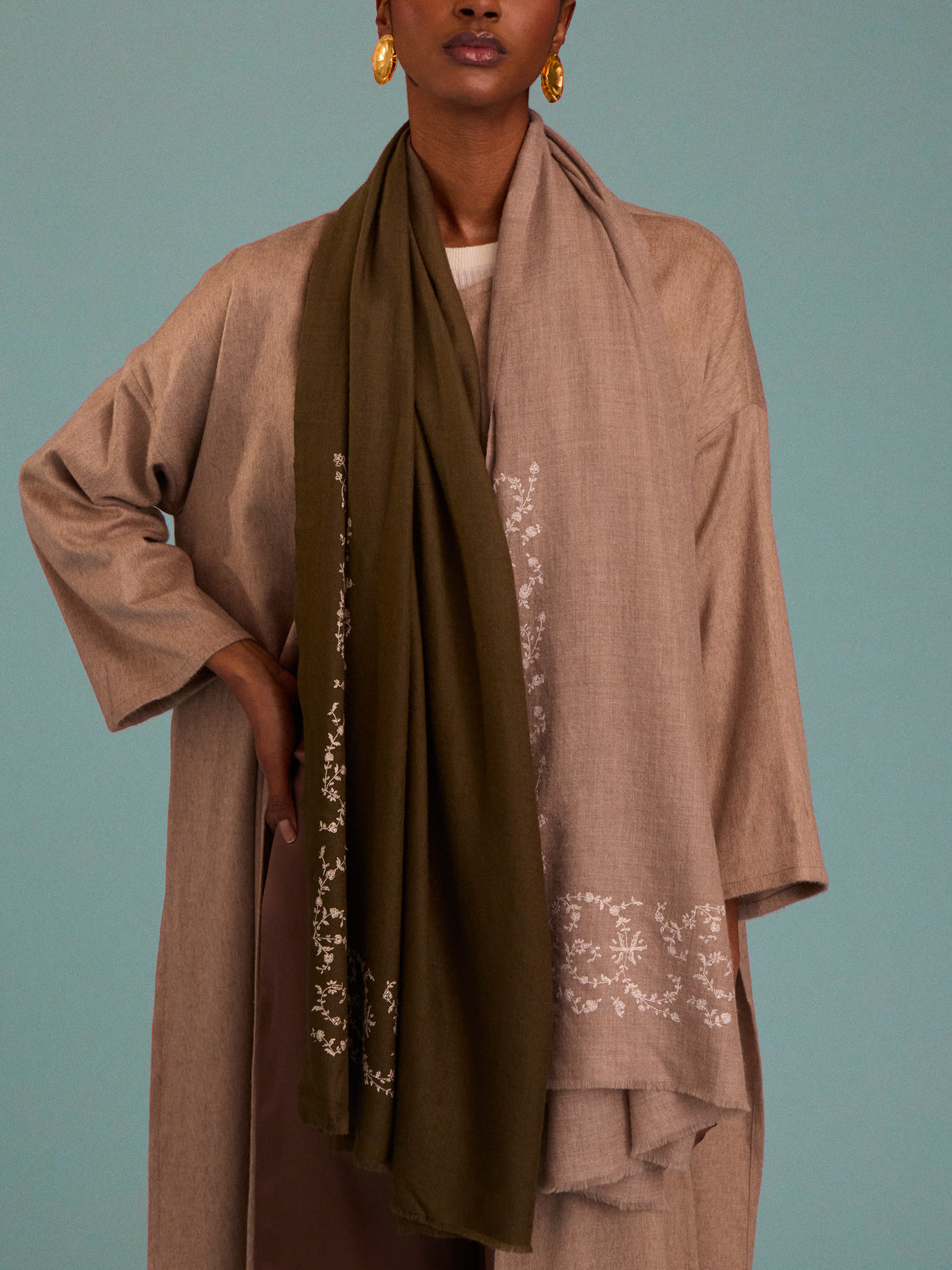 Me & K - Cashmere Half & Half Scarf (78.5in/2m) - Khaki - ABASK