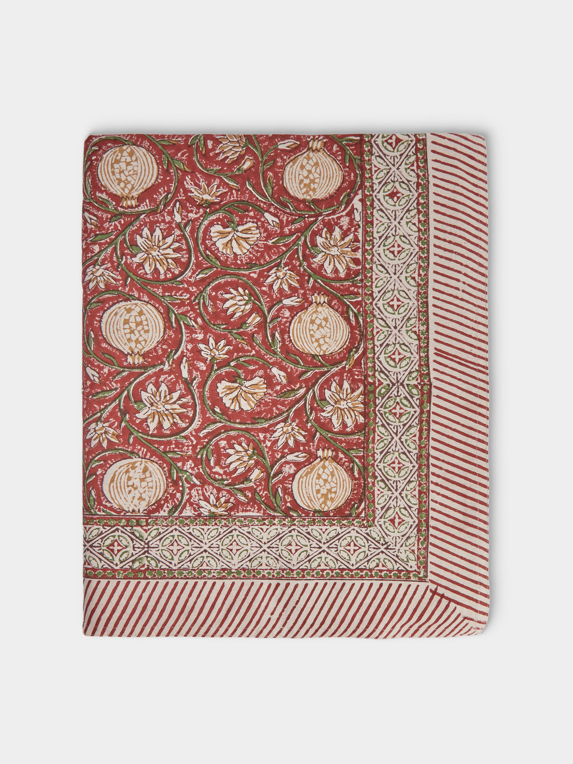 Chamois - Tangier Pomegranate Block-Printed Cotton Rectangular Tablecloth (106.5in/2.7m) - Multiple - ABASK - 
