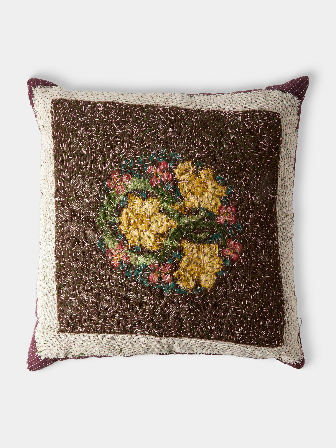 By Walid - 1920s Needlepoint Wool, Linen and Damask Cushion (23.5in/60cm) - Multiple - ABASK - 
