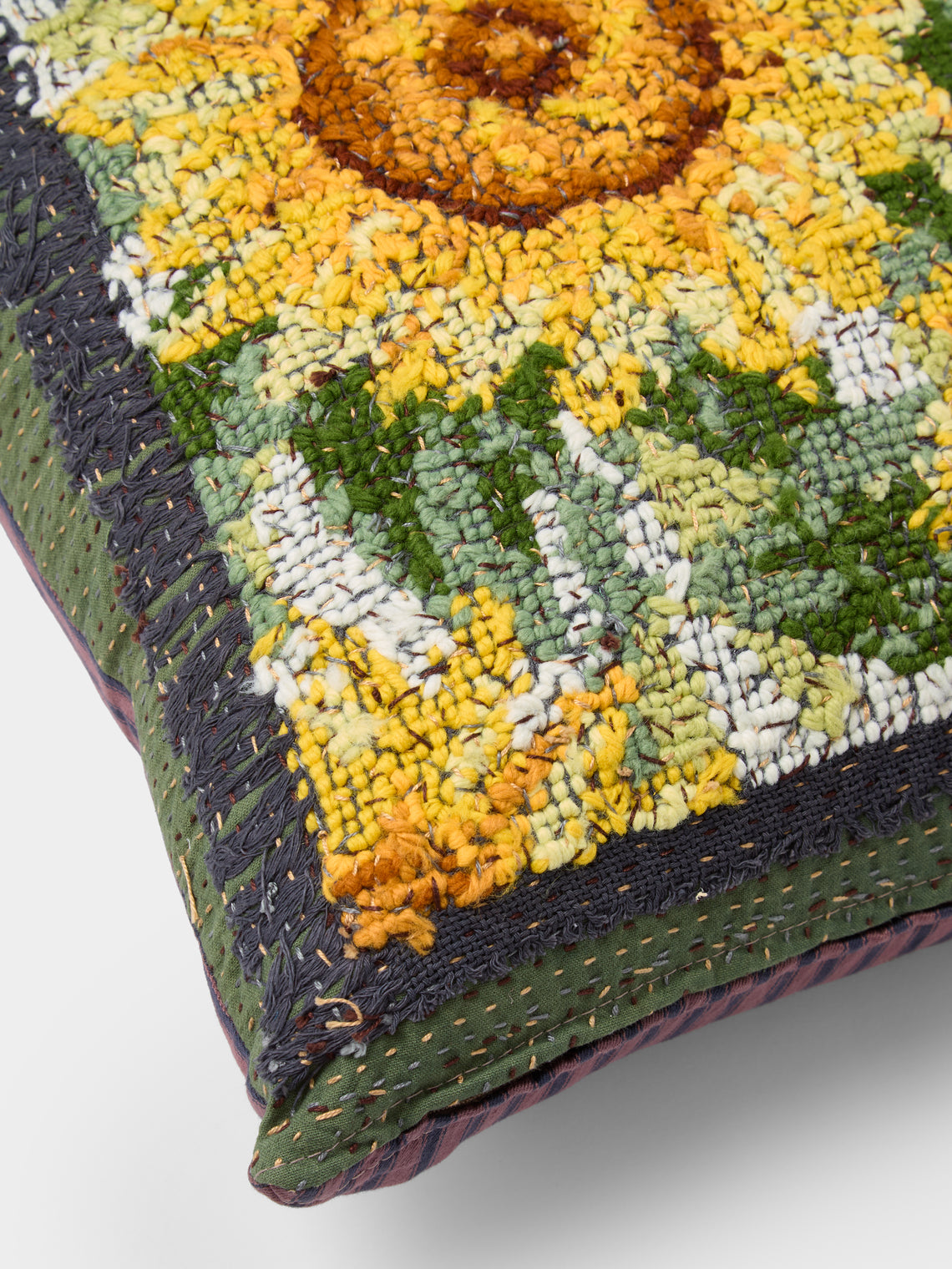 By Walid - 1920s French Needlepoint Wool and Ticking Fabric Cushion (19in/48cm) - Multiple - ABASK