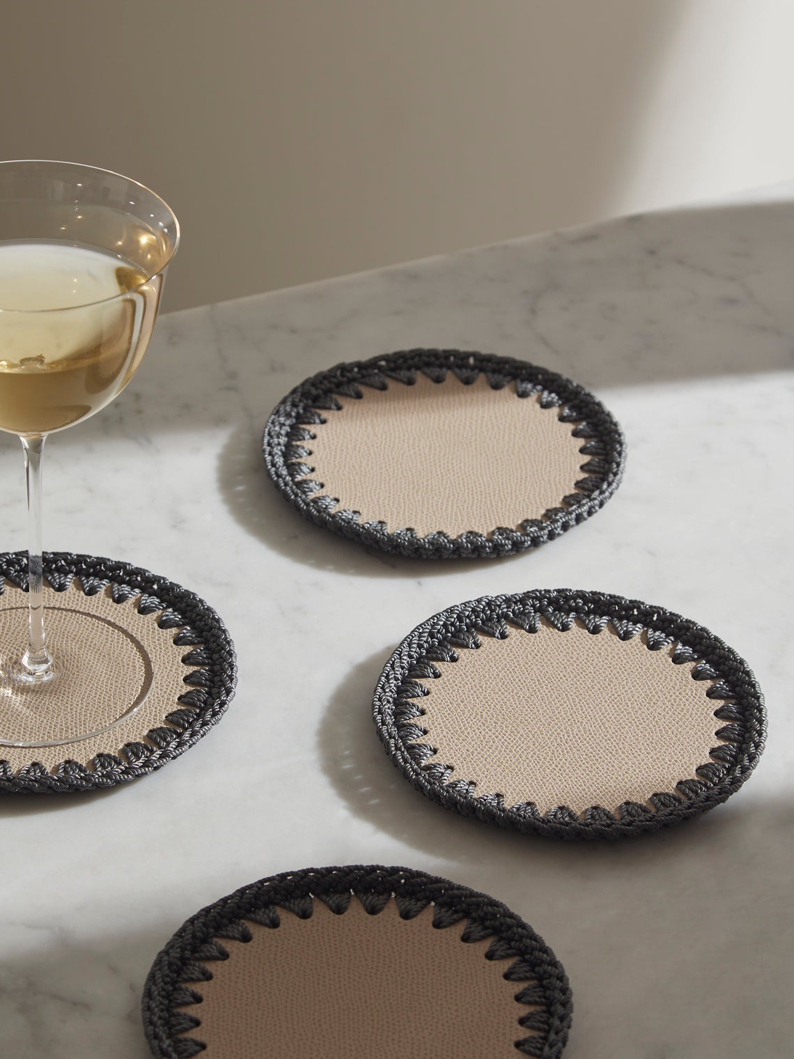 Pigment France - Rochelle Leather and Crochet Coasters (Set of 4) - Beige - ABASK