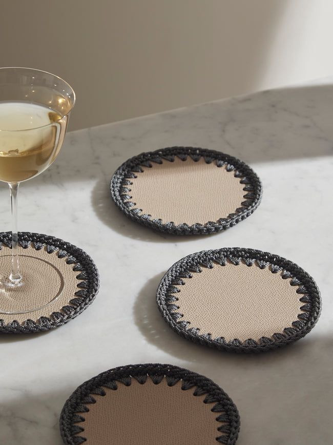 Pigment France - Rochelle Leather and Crochet Coasters (Set of 4) - Beige - ABASK