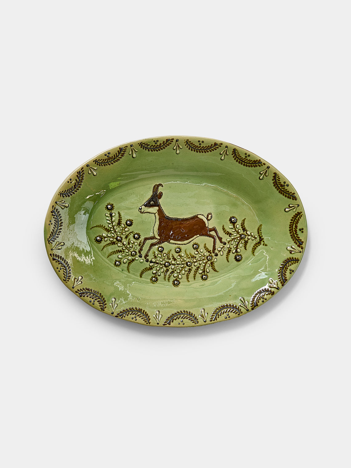 Poterie d’Évires - Rams Hand-Painted Ceramic Oval Platter - Green - ABASK - 