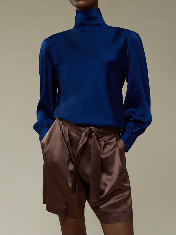 Ryan Roche - Silk Bias High-Neck Blouse | Size: S - Navy - ABASK