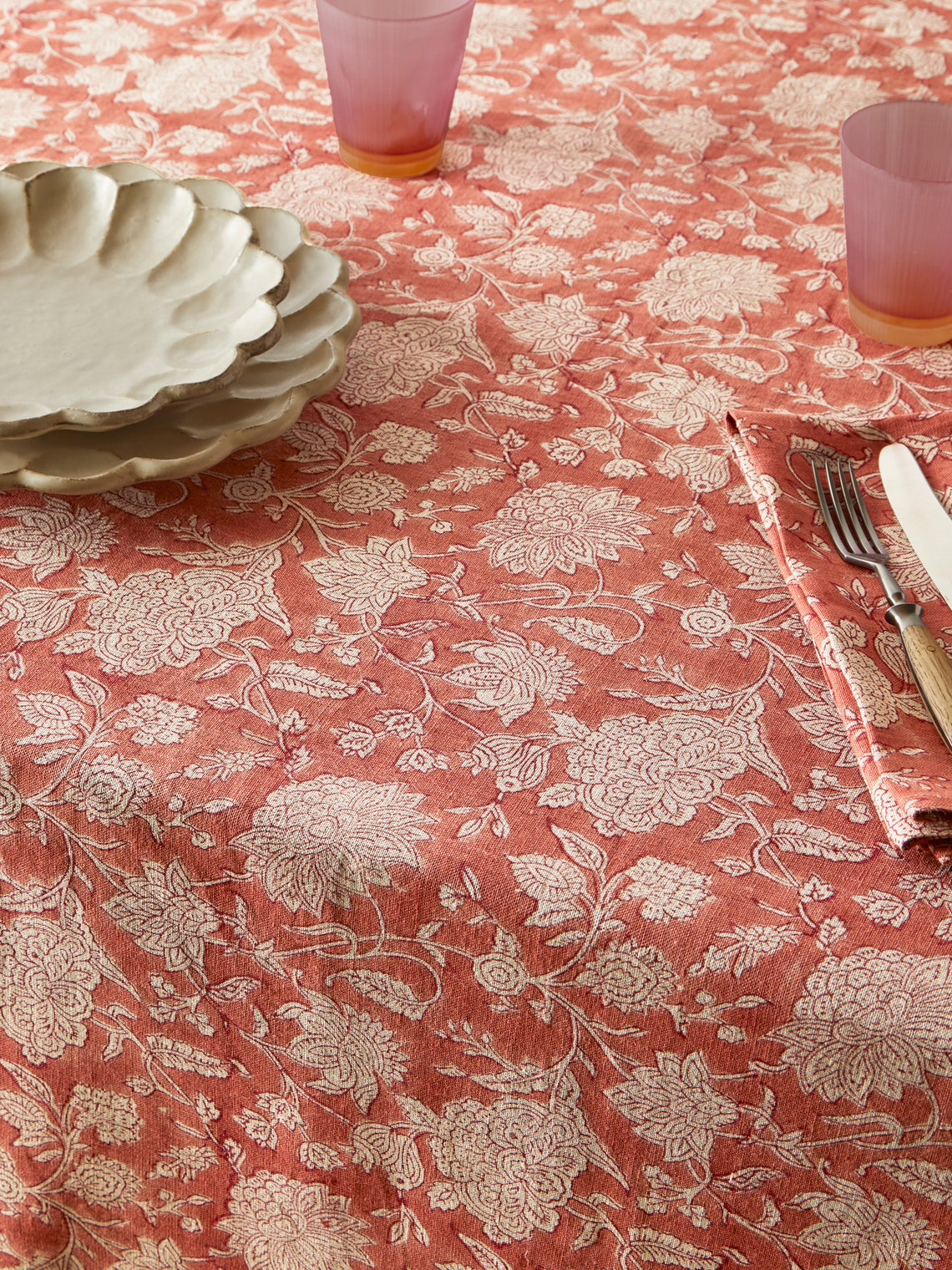 Chamois - Parrot Block-Printed Linen Rectangular Tablecloth (138in/3.5m) - Red - ABASK